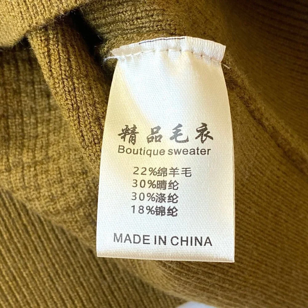 Olive Green Wool Blend Sweater White Mesh Balloon Sleeve S